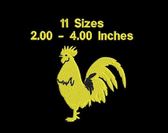 May include: Yellow embroidered rooster design available in 11 sizes ranging from 2.00 to 4.00 inches.