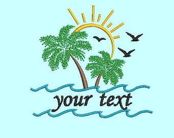Palm Tree Embroidery Design, Tropical Split Embroidery Design, Summer Embroidery Design, Birds, Sunshine Embroidery Design, 4x4, 10 Sizes