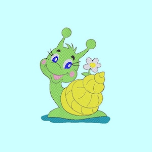 May include: A whimsical embroidered design of a smiling green snail with a yellow shell, holding a small white flower. The snail has blue eyes and pink cheeks, set against a light blue background.