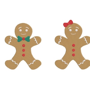 Puede incluir: Dos figuras de pan de jengibre, una con una corbata de lazo verde y la otra con un lazo rojo, están de pie con los brazos extendidos. Ambos sonríen y tienen botones rojos en sus cuerpos.