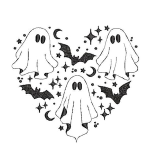 Diseño de bordado de corazón de Halloween, diseño de bordado de Halloween, bordado fantasma, diseño de bordado de máquina, 6 tamaños, descarga instantánea