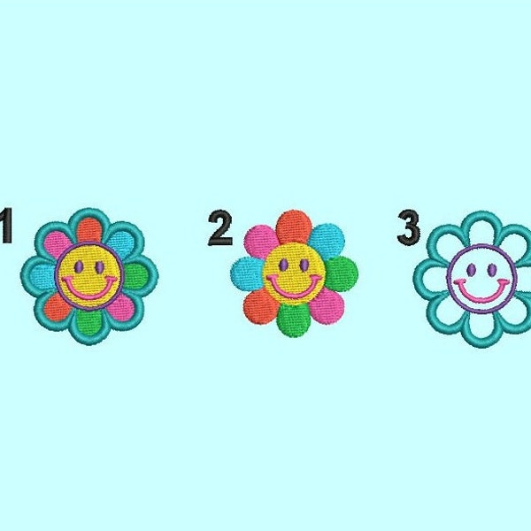 Retro Flower Embroidery Design, Smiley Retro Flower Embroidery Design, 3 Individual Designs, 4x4, 5 Sizes, Instant Download
