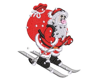 May include: Santa Claus is skiing down a snowy hill with a red bag of gifts on his back. He is wearing a red suit, a white beard, and a red hat. He is holding ski poles in his hands.