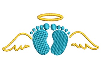 May include: A pair of blue baby footprints with a gold halo and wings. The wings are curled at the ends.