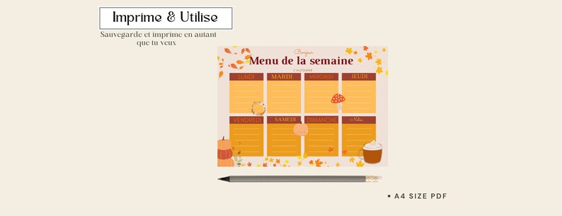 May include: A printable weekly meal planner with a fall theme. The planner has a light pink background with orange and brown leaves and a mushroom illustration. The days of the week are listed in French: Lundi, Mardi, Mercredi, Jeudi, Vendredi, Samedi, Dimanche. The text "Menu de la semaine" is at the top of the planner.