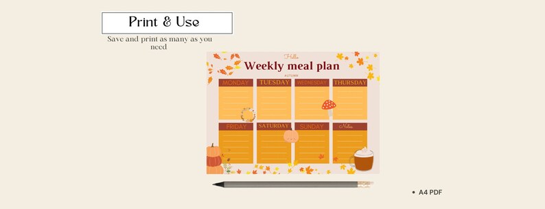 May include: Printable weekly meal planner with a fall theme. The planner has a yellow background with orange, red, and brown fall leaves, a pumpkin, a mushroom, and a cup of coffee with whipped cream. The planner has spaces for each day of the week, Monday through Sunday.