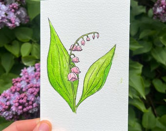 Tarjeta de felicitación hecha a mano - Flor de lirio de los valles - Tarjeta en blanco con sobre - tamaño 4x6