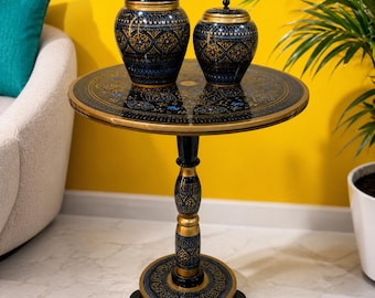 Hand-Painted NAQASHI Art Coffee Side Table for Home Decor (Black Fancy)