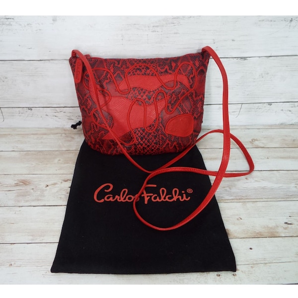 Vintage Carlos Falchi Red Leather Snakeskin Print Crossbody with Dust Bag