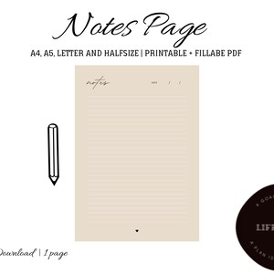 Notes Page Printable, Instant Download, A4, A5, Letter, PDF, Planner Notes, Lined notes template, Note taking, Writing paper