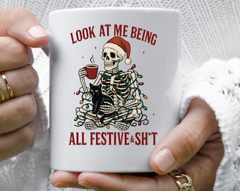Funny Christmas Skeleton Mug | Black Cat, Holiday Lights