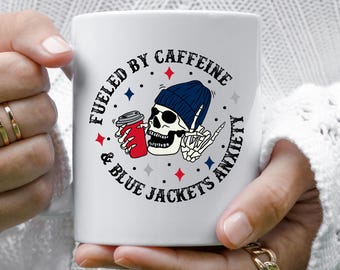 Hockey Fan Coffee Mug | Fueled by Caffeine & Blue Jackets Anxiety | Funny Sports Gift Mug