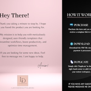 May include: A digital product advertisement with text that reads "Hey There!" and "How it Works?" on a pink and black background. The text describes the product's features and how to purchase, download, and duplicate it.