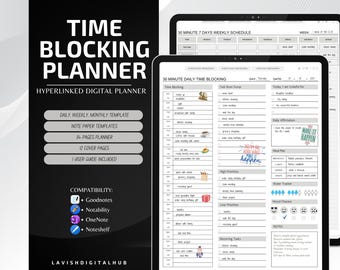 時間管理のためのデジタルタイムブロッキングプランナー、生産性向上のための日次・週次タイムブロックテンプレート、時間別タイムシートGoodnotesプランナー