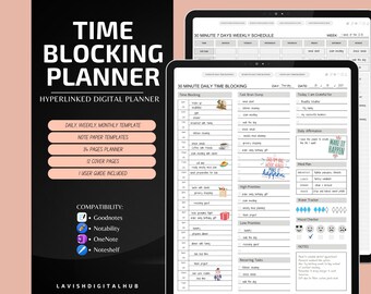 Tijdblokkeringsplanner, maandelijks, wekelijks, dagelijks gelinkt, planner, timeboxsjabloon, tijdbeheer, takenlijstsjabloon, productiviteit