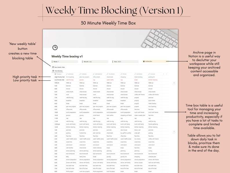K&ouml;nnte beinhalten: Ein Screenshot einer Notion-Seite mit einer w&ouml;chentlichen Zeitblockierungstabelle. Die Tabelle ist in 30-Minuten-Slots unterteilt und enth&auml;lt Spalten f&uuml;r jeden Tag der Woche. Die Tabelle ist mit "Weekly Time boxing v1" beschriftet. Die Seite enth&auml;lt auch Text, der erkl&auml;rt, wie man die Tabelle verwendet und wie man Seiten in Notion archiviert.