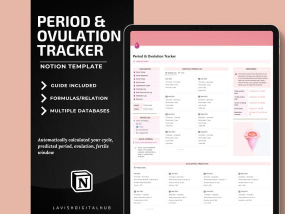 Notion Period Tracker, Mood Tracker Notion Template, Calendar For Menstruation, Symptom tracker Notion Dashboard, Ovulation Tracker