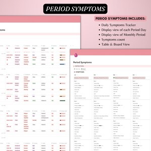 May include: A digital planner interface with the title "Period Symptoms" displayed on a white background. The planner includes a daily symptoms tracker, monthly period view, and a table and board view. The top banner reads "Period Symptoms".