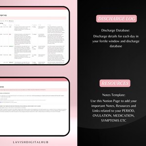 May include: Digital Notion template with a pink and black theme. The template includes a discharge log and resources section. Text on the template includes "Discharge Log", "Discharge Database", and "Resources". The Notion logo is in the upper right corner.