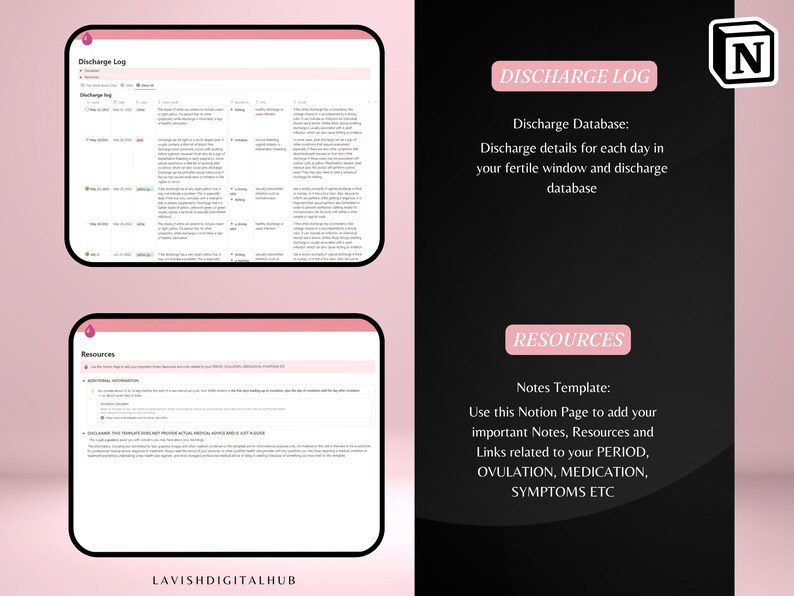 May include: Digital Notion template with a pink and black theme. The template includes a discharge log and resources section. Text on the template includes "Discharge Log", "Discharge Database", and "Resources". The Notion logo is in the upper right corner.