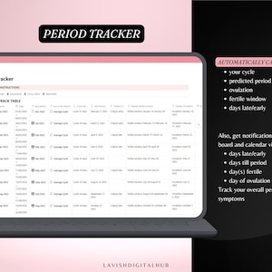 May include: A laptop displays a period tracker with a pink and white interface. The screen shows a table with dates and cycle information. Text on the screen reads "Period Tracker" and "Period Track Table". The laptop is on a pink background.