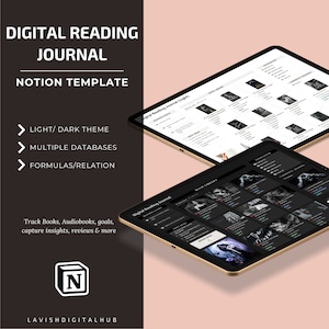 Modello di nozione di diario di lettura digitale, nozione di pianificatore di lettura digitale, tracker di libri, registro di libri, tracker di lettura di nozioni, modello di recensione di libri