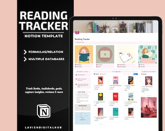 Op de afbeelding: Digitale leestracker-sjabloon op een tablet. Het scherm toont een Notion-sjabloon met secties voor het volgen van boeken, audioboeken en doelen. De linkerkant bevat de tekst "READING TRACKER" en "NOTION TEMPLATE".
