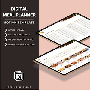 Meal planner Notion template, Notion dashboard, Notion planner, Grocery list for Notion, Nutrition, Health