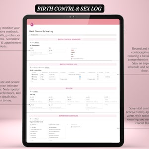 May include: A digital tablet displaying a "Birth Control & Sex Log" interface. The screen shows sections for birth control reminders, a log, sex log, and important contacts. The tablet is set against a pink background.