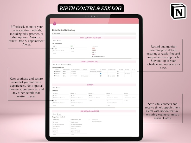 May include: A digital tablet displaying a "Birth Control & Sex Log" interface. The screen shows sections for birth control reminders, a log, sex log, and important contacts. The tablet is set against a pink background.