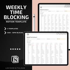 Weekly Time Blocking Planner Notion Template, 30 Minute & 1 Hour timeboxing Productivity Notion Planner, Timeboxing Planner Notion Dashboard