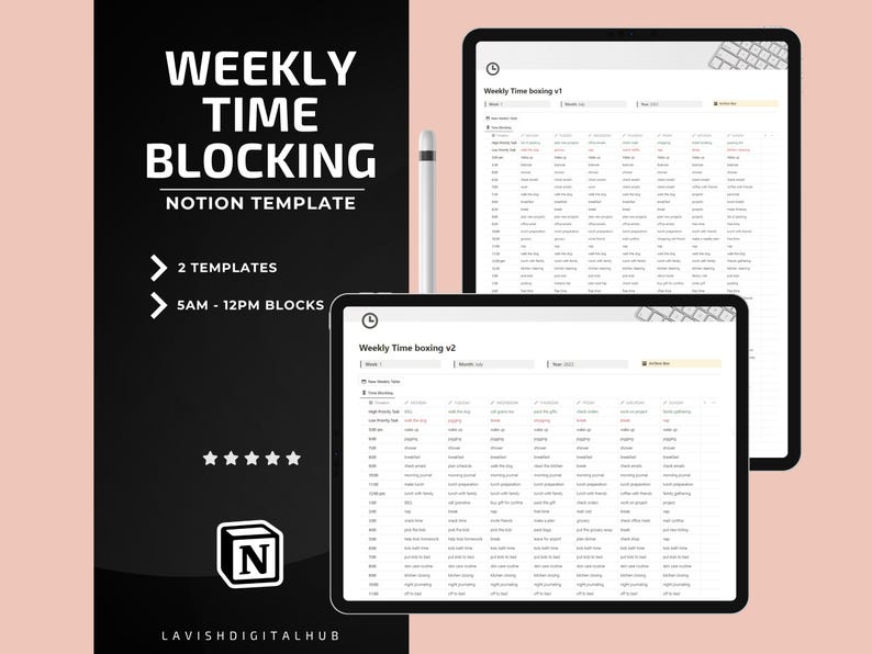 Wöchentlicher Zeitblocking Planer Notion Template, 30-Minuten- & 1-Stunde-Timeboxing-Produktivitäts-Notion-Planer, Timeboxing-Planer-Notion-Dashboard Bild 1