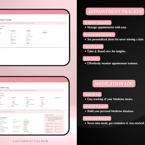 May include: Digital planner with appointment and medication logs. The planner includes sections for effortless scheduling, customizable reminders, and medication tracking. The text on the right side highlights features like clear overview and medicine database.
