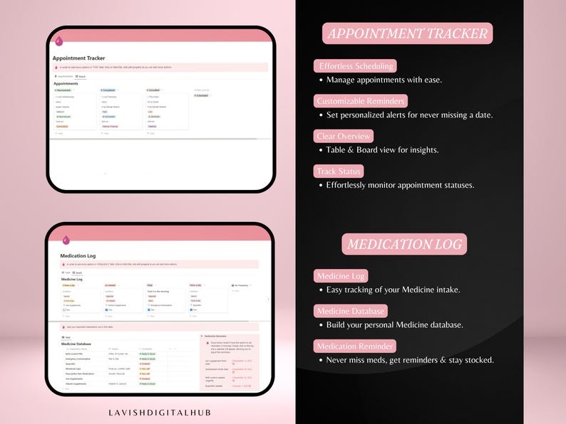 May include: Digital planner with appointment and medication logs. The planner includes sections for effortless scheduling, customizable reminders, and medication tracking. The text on the right side highlights features like clear overview and medicine database.