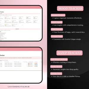 May include: Digital mood and sleep trackers displayed on a pink and black background. The mood tracker shows a detailed layout with various data points. The sleep tracker provides a table format for tracking sleep data. Text includes "Mood Tracker" and "Sleep Tracker".