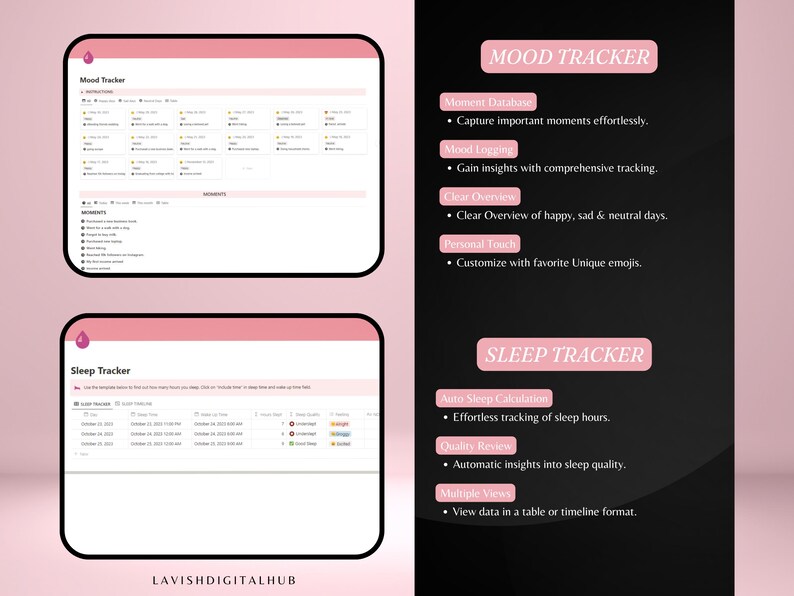May include: Digital mood and sleep trackers displayed on a pink and black background. The mood tracker shows a detailed layout with various data points. The sleep tracker provides a table format for tracking sleep data. Text includes "Mood Tracker" and "Sleep Tracker".