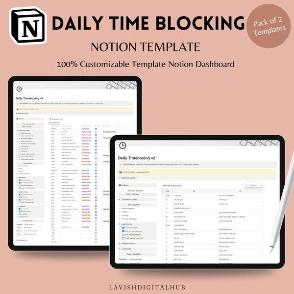 Timeboxing Planner for Daily Schedule, Productivity and Time Management with Notion Dashboard, Aesthetic To-Do List Template, Time blocking