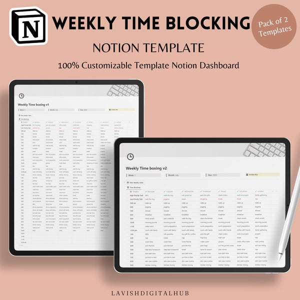 Plantilla de noción de planificador de bloqueo de tiempo semanal, planificador de nociones de productividad de timeboxing de 30 minutos y 1 hora, panel de nociones de planificador de timeboxing