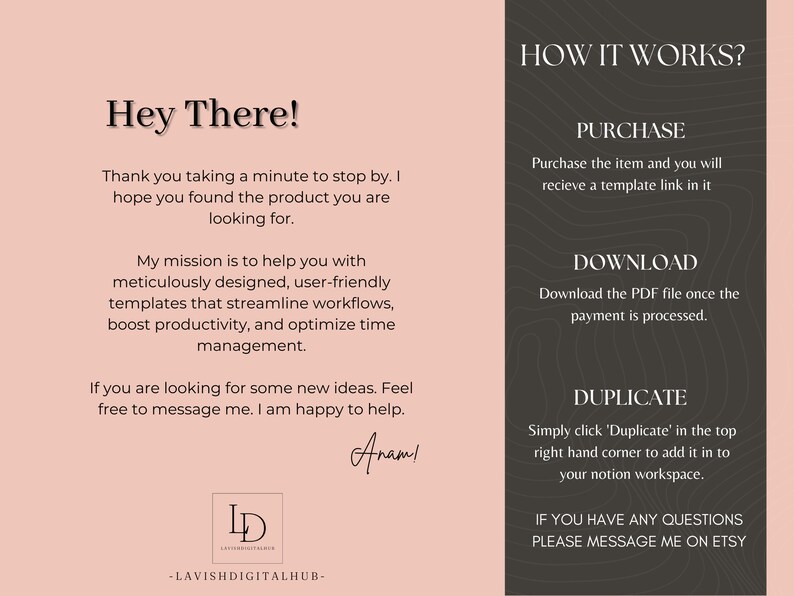 K&ouml;nnte beinhalten: Eine digitale Produktliste f&uuml;r druckbare Vorlagen. Das Bild zeigt eine Textbeschreibung des Produkts und seiner Funktionsweise. Der Text enth&auml;lt die W&ouml;rter "Hey There!" und "How It Works?"