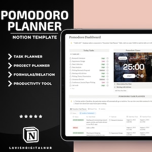 Pomodoro Planner Notion Template, Time Management and Productivity for Students, Task Project and Study Planner with Pomodoro Technique