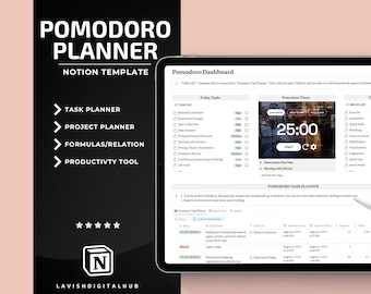 Pomodoro Planner Notion Template, Time Management and Productivity for Students, Task Project and Study Planner with Pomodoro Technique