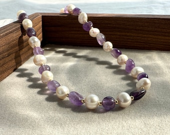 Amethyst Pearl Necklace,Natural Stone Beaded Necklace,Dainty Crystal Gemstone Necklace,Amethyst Choker,Boho Jewelry Bracelet,Gift for Her