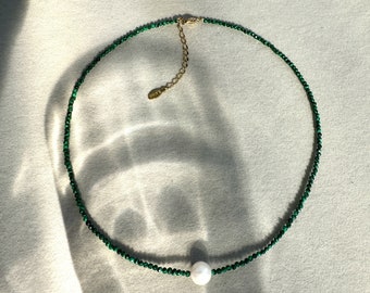 Choker Necklace,Malachite Beaded Necklace,Dainty Beaded Necklace,Gifts for Wife,Gemstone Necklace,Pearl Necklace,Gifts for Her,