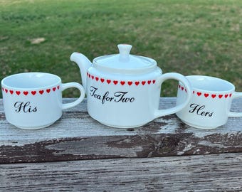 Tea for Two Teapot and His & Hers Mug adorned with red hearts, 3 piece set - VTG