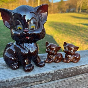 Vintage Brown Glazed Redware Pottery Kitty Cat Figurines MCM Japan