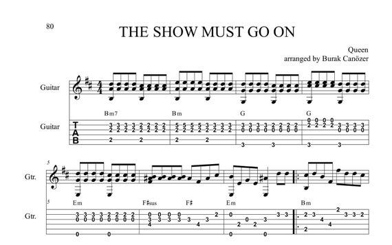 The Show Must Go On! Fingerstyle Guitar Tabs - Etsy
