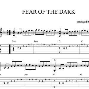 Könnte beinhalten: Notenblatt für den Song "Fear of the Dark" von Iron Maiden, arrangiert von Burak Canözer. Die Musik enthält Gitarrentabs und Noten.