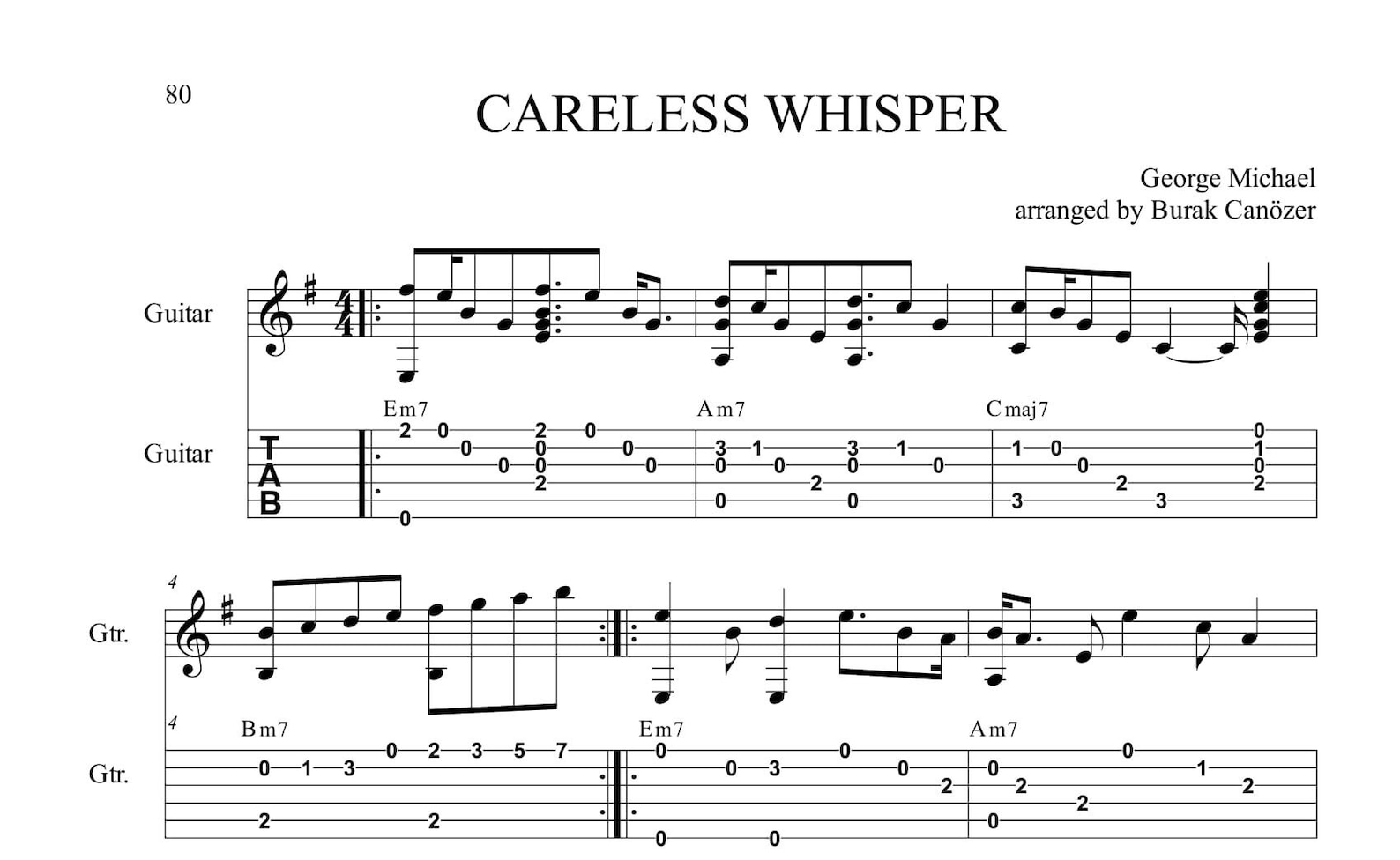 Careless Whisper Fingerstyle Guitar Tabs Etsy