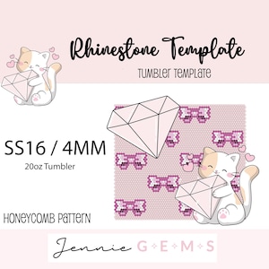 Pode incluir: Modelo de strass para um copo de 20 onças com um gato de desenho animado segurando um diamante rosa. O modelo usa strass SS16 de 4 mm e um padrão de favo de mel. O texto "Jennie G+E+M+S" está na parte inferior da imagem.