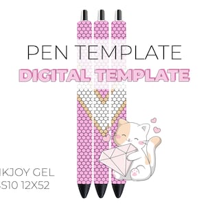 Può includere: Tre penne gel rosa e bianche con un motivo a nido d'ape. Le penne sono etichettate "INKJOY GEL SS10 12X52". L'immagine include anche un gatto dei cartoni animati che tiene un diamante.